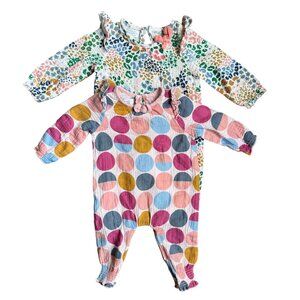 Mud Pie Baby Girl Cotton Rompers Set of 2 3-6M 6-9M Polka Dot Long Sleeve Ruffle